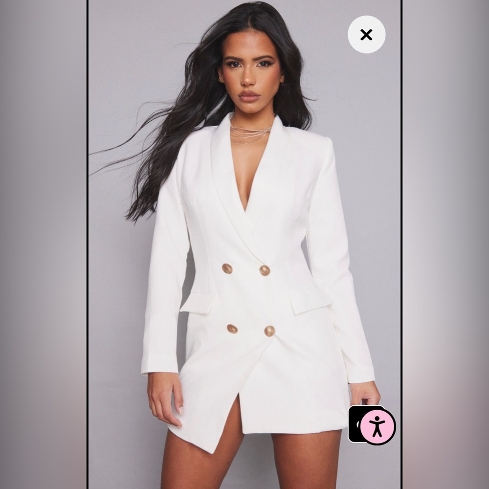 PrettyLittleThing White Double-Breasted Blazer Dress with Gold Buttons - Picture 2 of 5